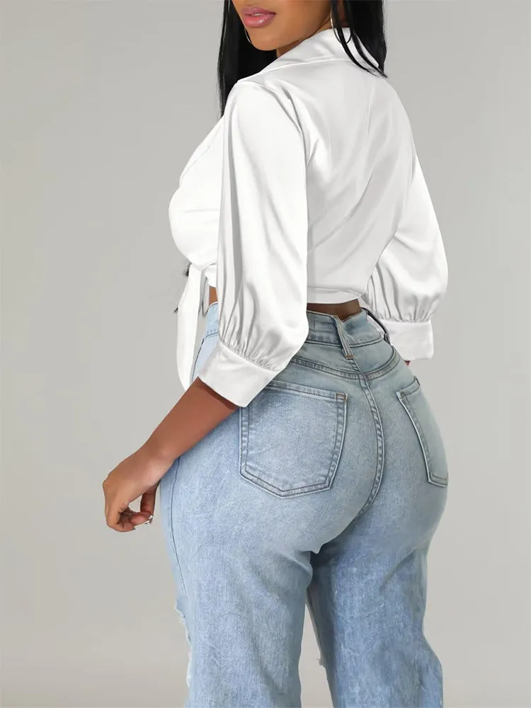 Satin Lapel Tie Front Top