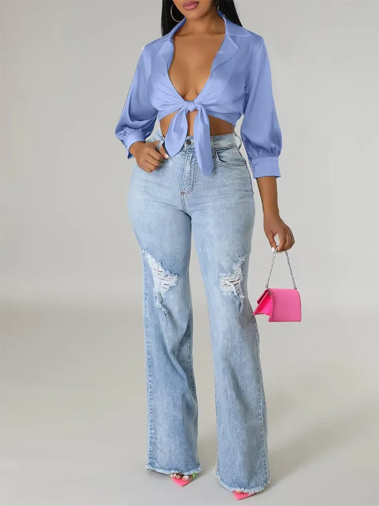 Satin Lapel Tie Front Top