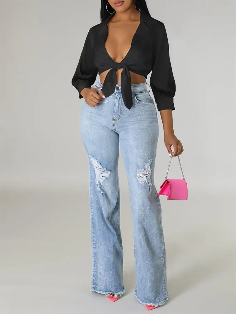 Satin Lapel Tie Front Top