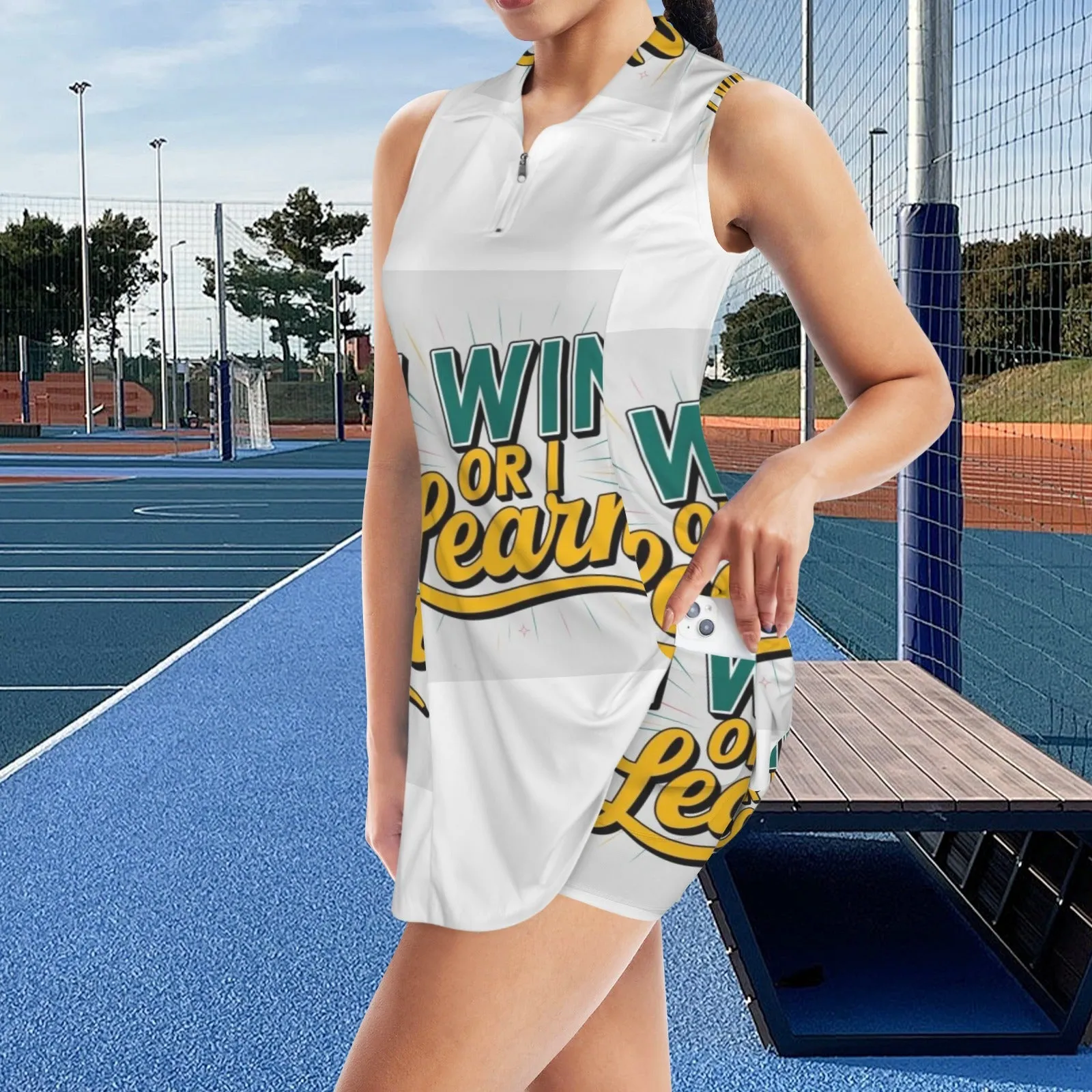 Separates Inner Shorts & Sleeveless Lapel Zipper Pocket Sport Dress