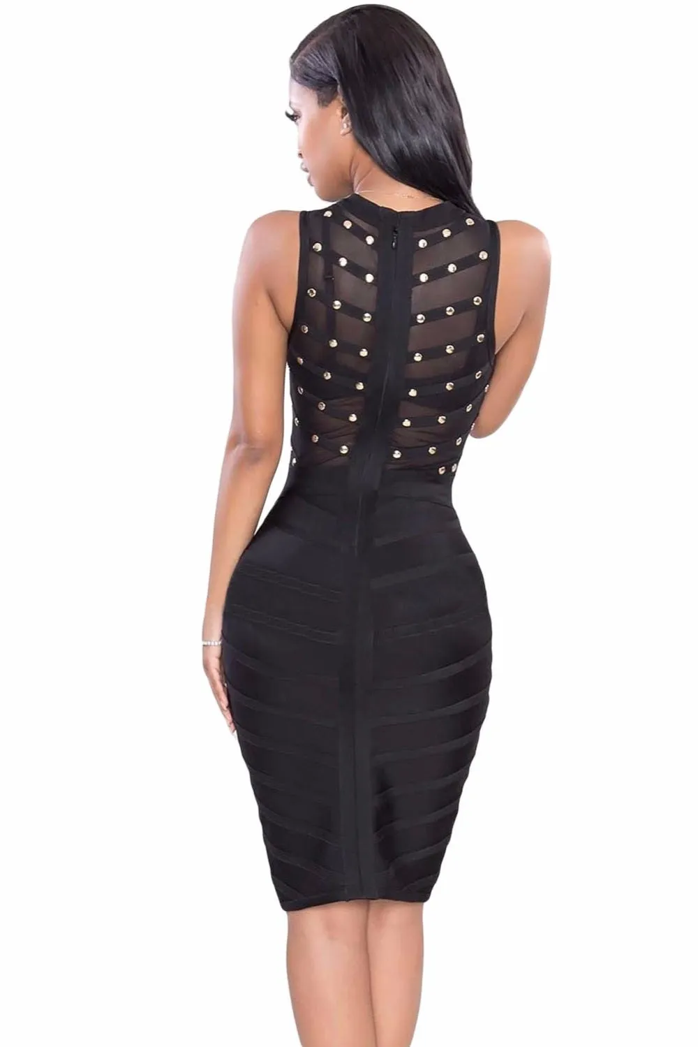 Sexy women's beaded mesh sleeveless knee length