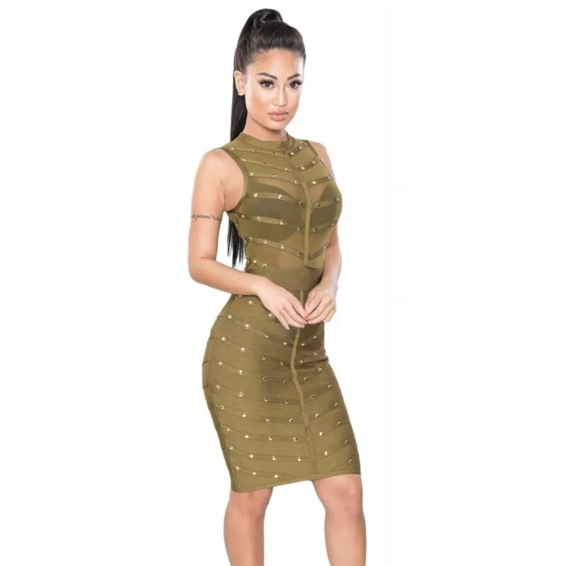 Sexy women's beaded mesh sleeveless knee length