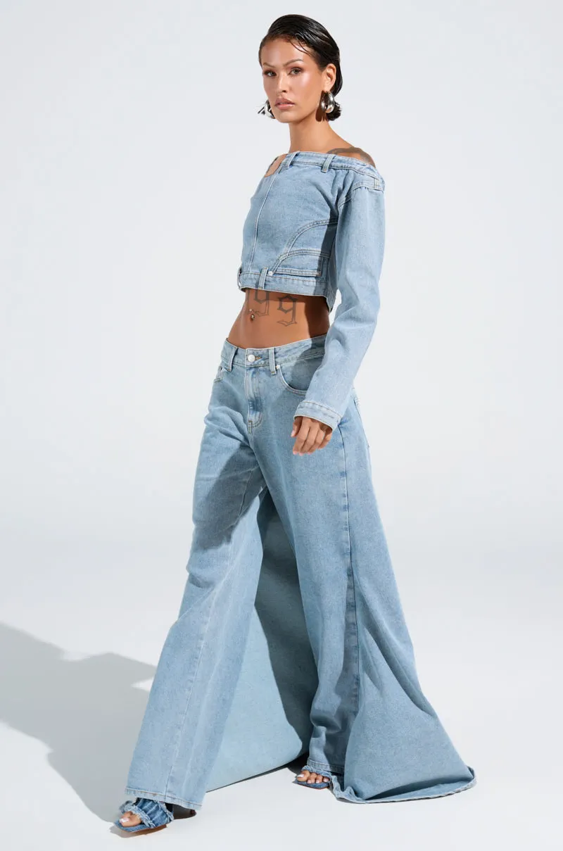 SHAKE IT OFF DENIM OFF THE SHOULDER TOP