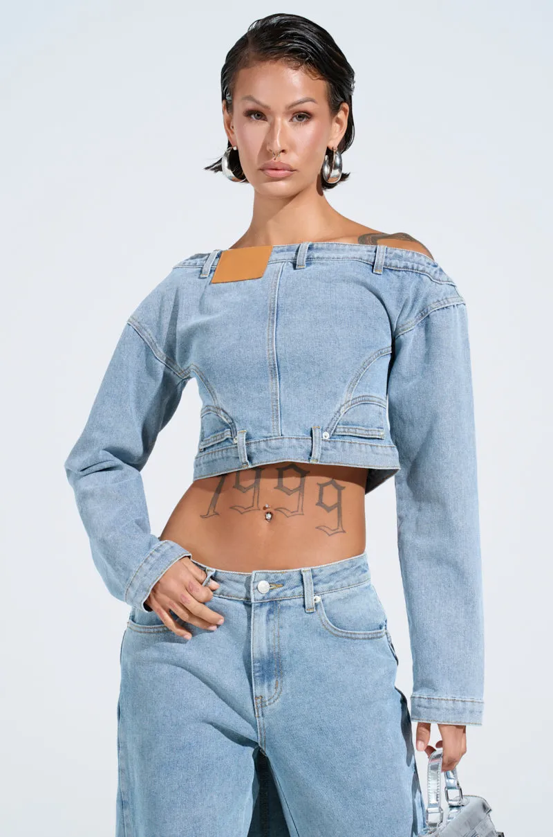 SHAKE IT OFF DENIM OFF THE SHOULDER TOP