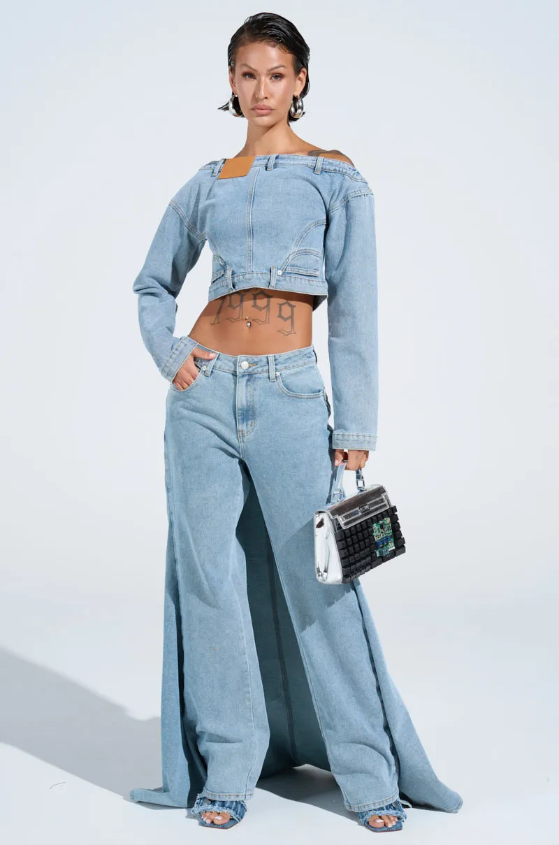 SHAKE IT OFF DENIM OFF THE SHOULDER TOP