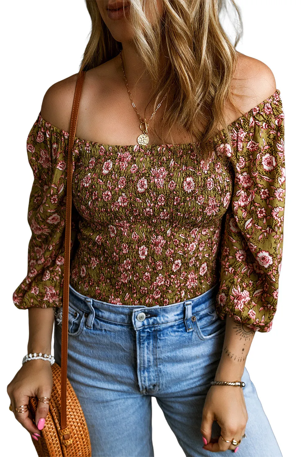 Shirred 3/4 Sleeve Off Shoulder Blouse