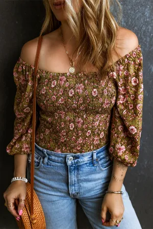 Shirred 3/4 Sleeve Off Shoulder Blouse