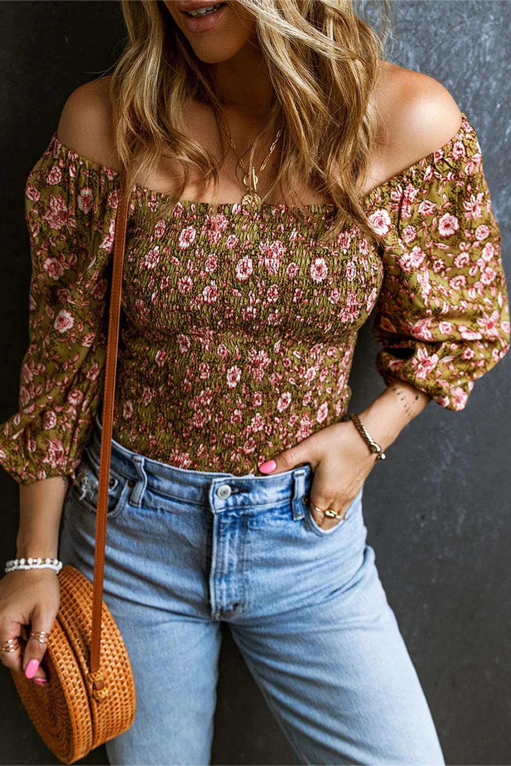 Shirred 3/4 Sleeve Off Shoulder Blouse