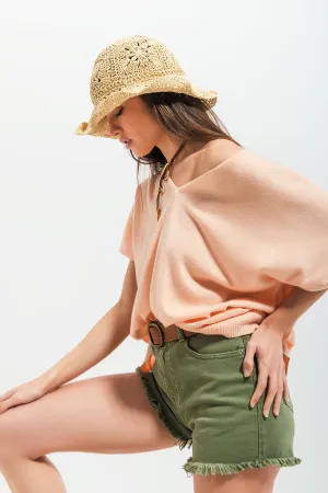 Short sleeve jumper in v neck in pink