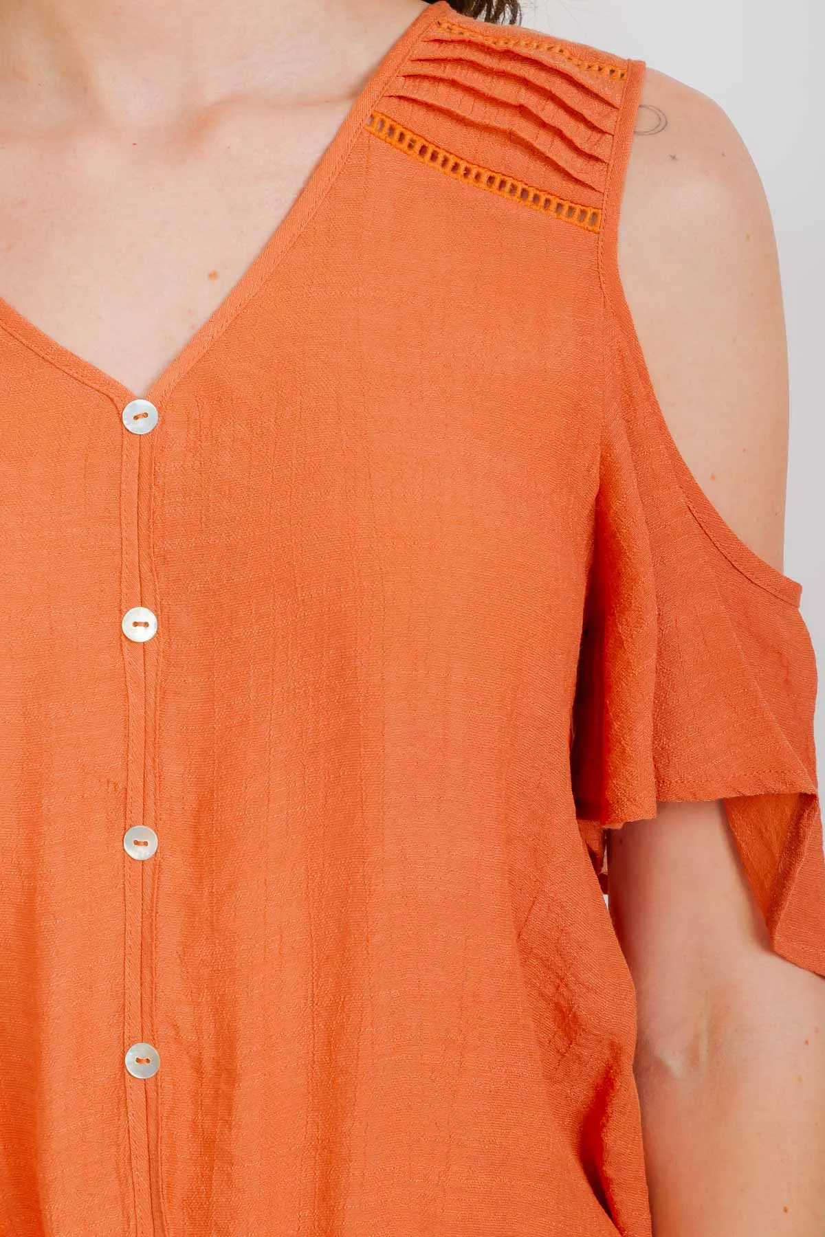 SHORT SLEEVE MIX MEDIA PAPAYA GAUZE BUTTON FRONT COLD SHOULDER