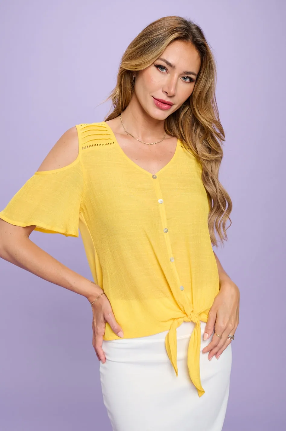 SHORT SLEEVE MIX MEDIA PAPAYA GAUZE BUTTON FRONT COLD SHOULDER
