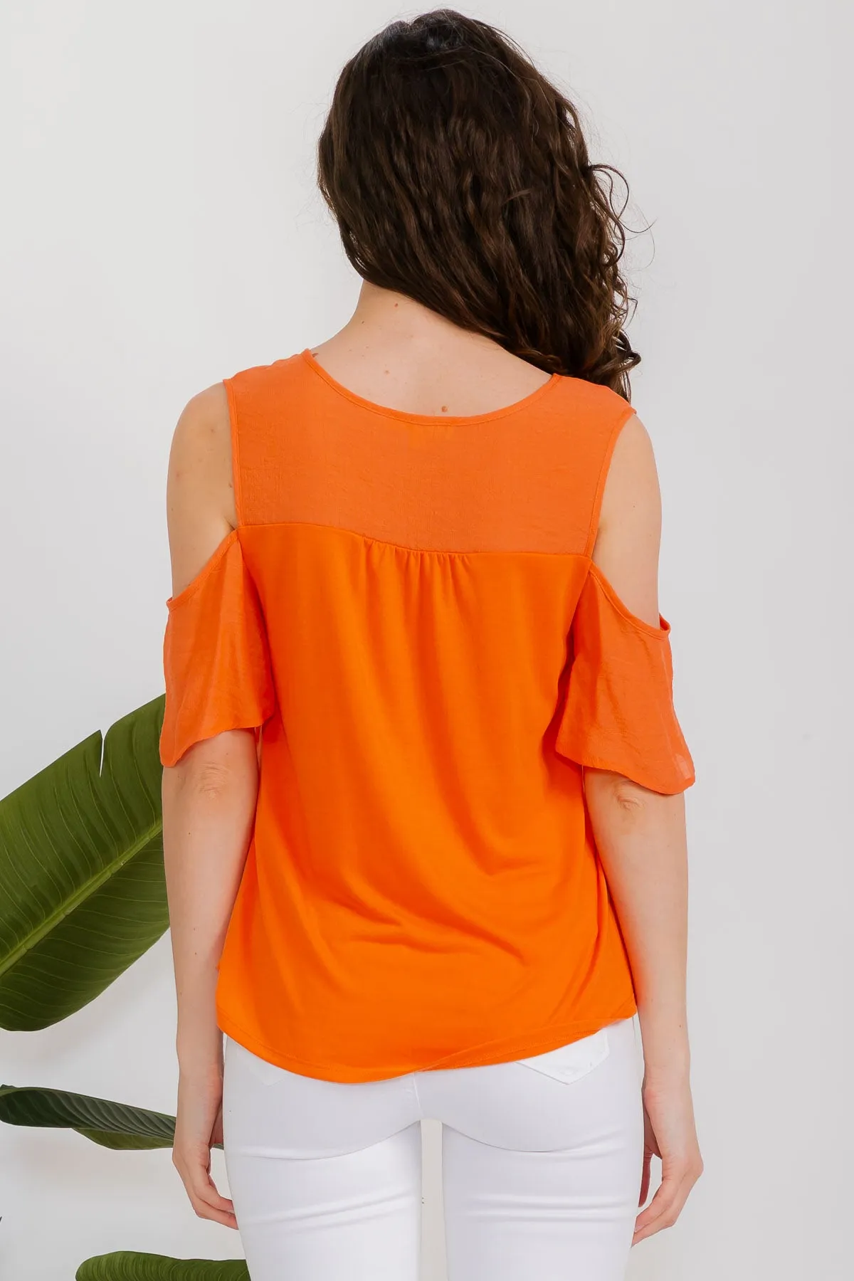 SHORT SLEEVE MIX MEDIA PAPAYA GAUZE BUTTON FRONT COLD SHOULDER