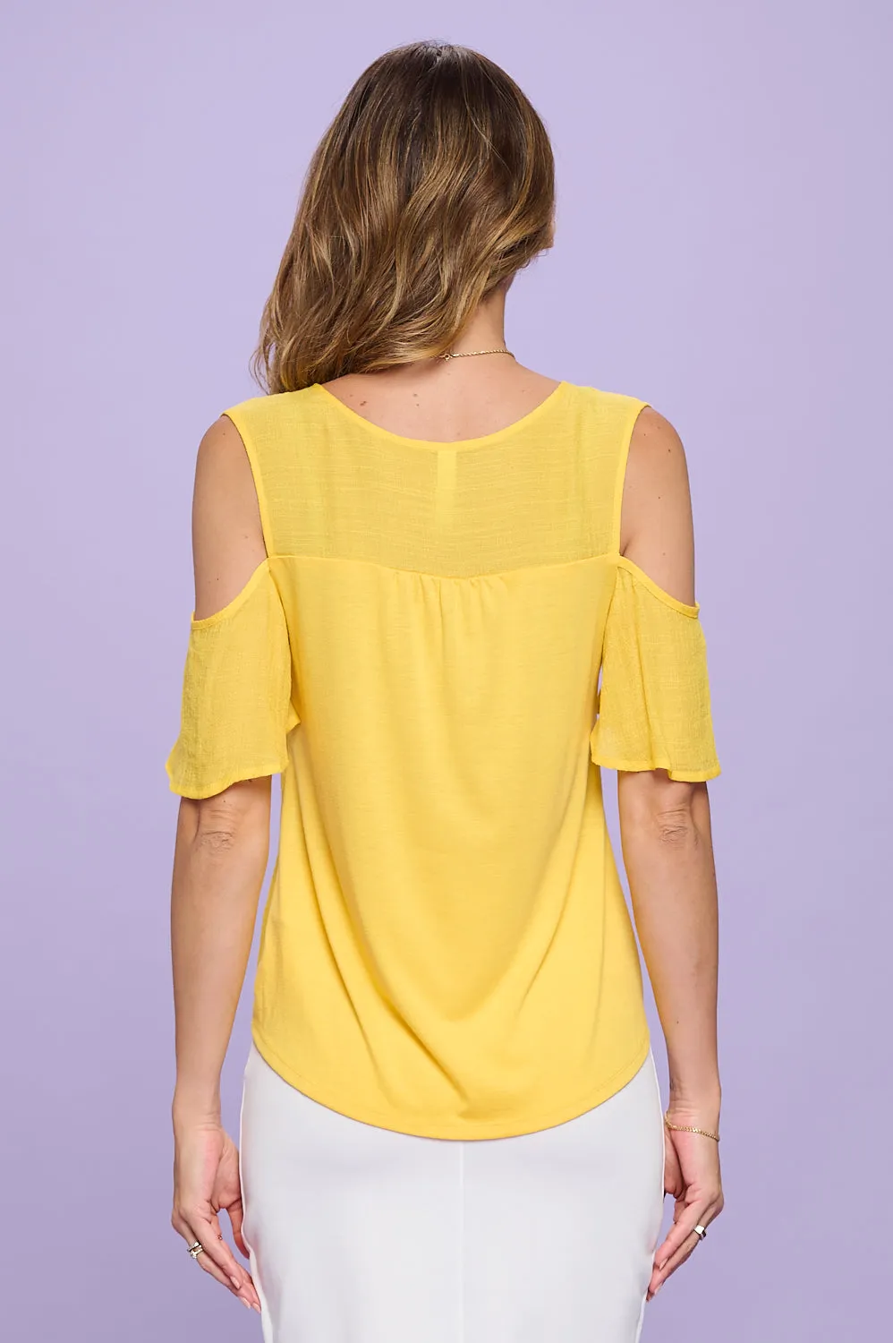 SHORT SLEEVE MIX MEDIA PAPAYA GAUZE BUTTON FRONT COLD SHOULDER