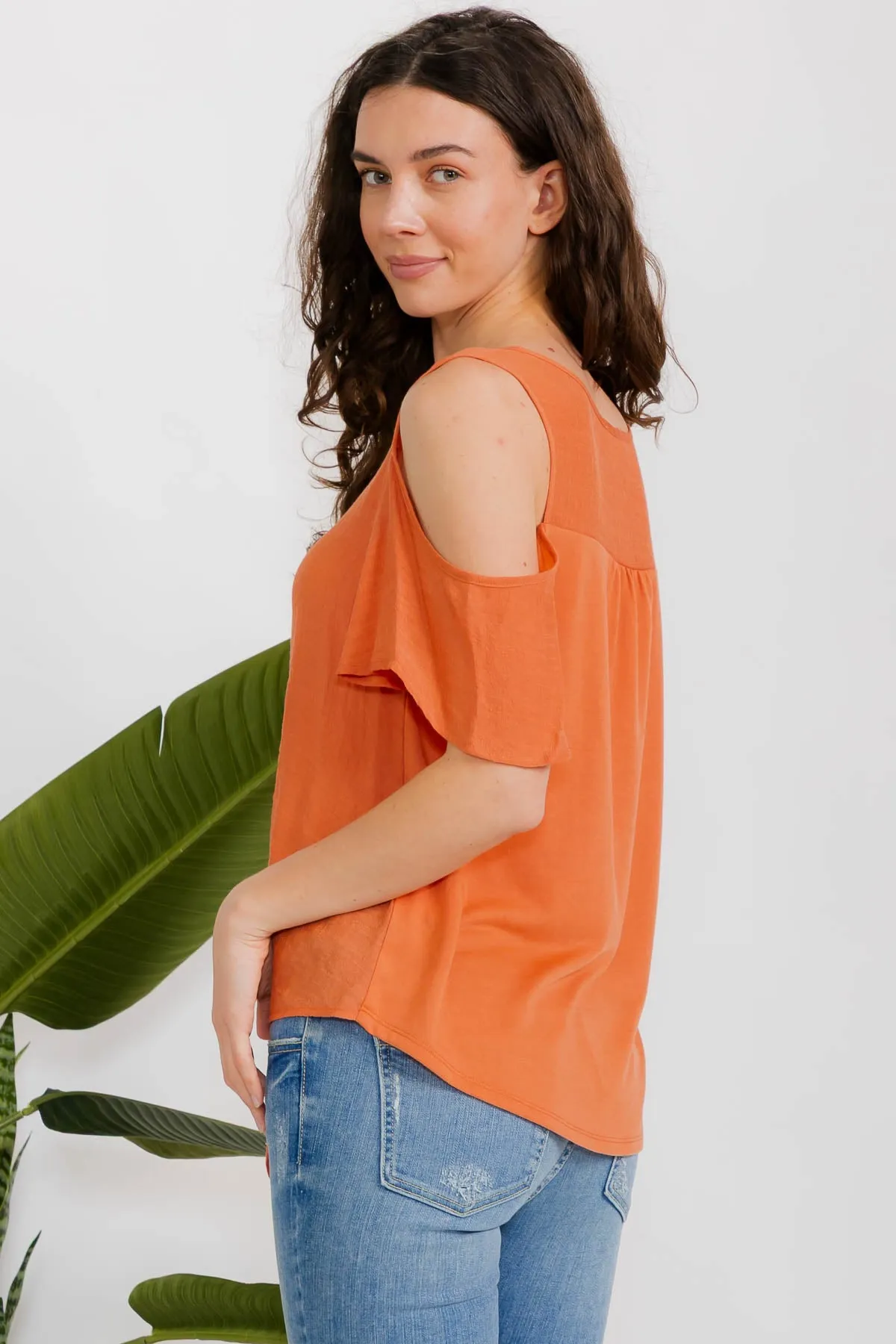 SHORT SLEEVE MIX MEDIA PAPAYA GAUZE BUTTON FRONT COLD SHOULDER