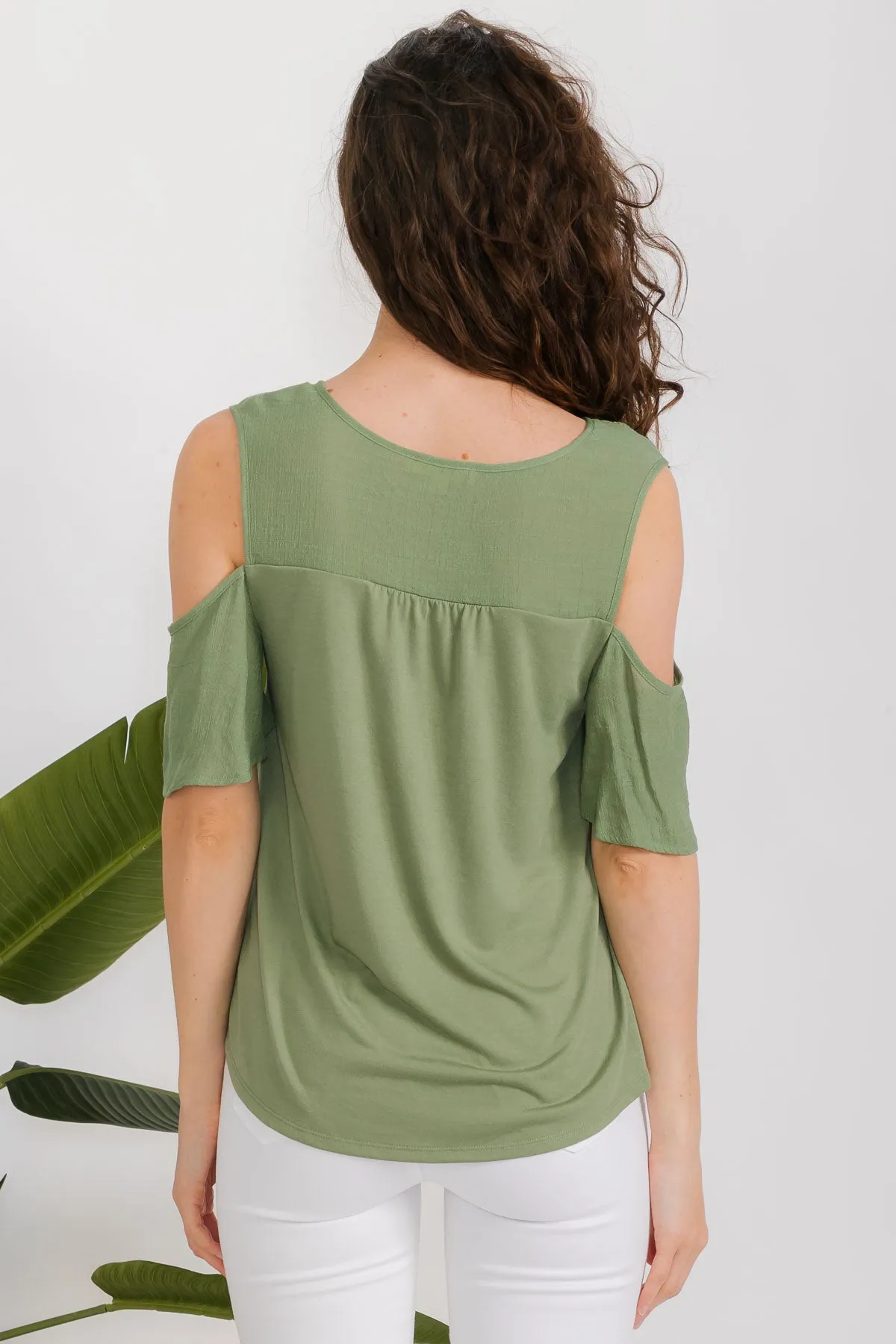 SHORT SLEEVE MIX MEDIA PAPAYA GAUZE BUTTON FRONT COLD SHOULDER