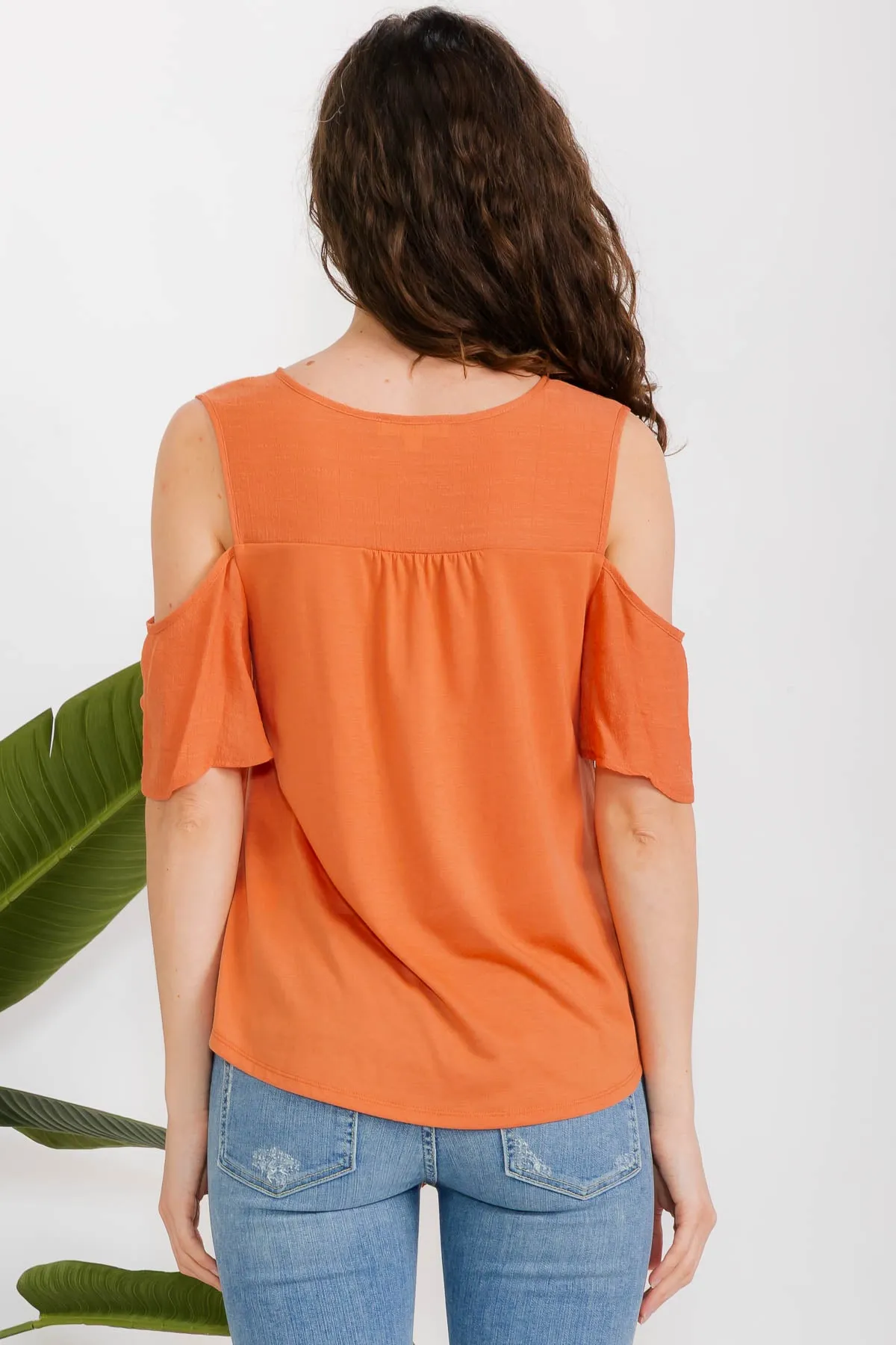 SHORT SLEEVE MIX MEDIA PAPAYA GAUZE BUTTON FRONT COLD SHOULDER