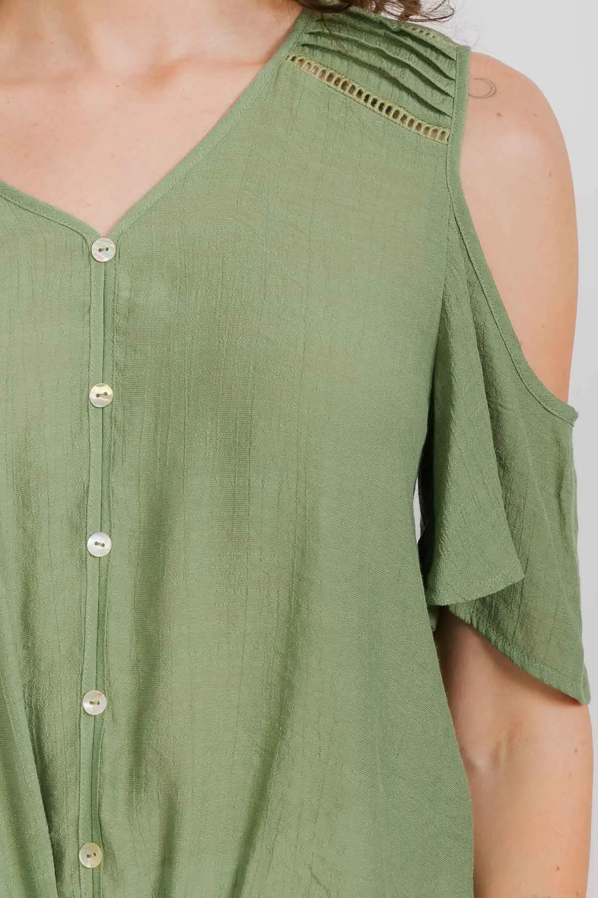 SHORT SLEEVE MIX MEDIA PAPAYA GAUZE BUTTON FRONT COLD SHOULDER