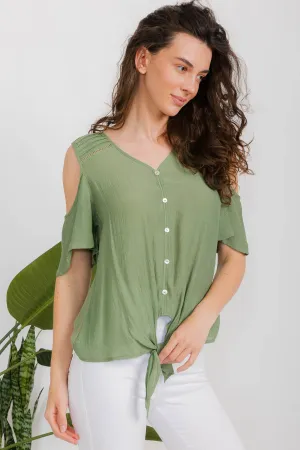 SHORT SLEEVE MIX MEDIA PAPAYA GAUZE BUTTON FRONT COLD SHOULDER