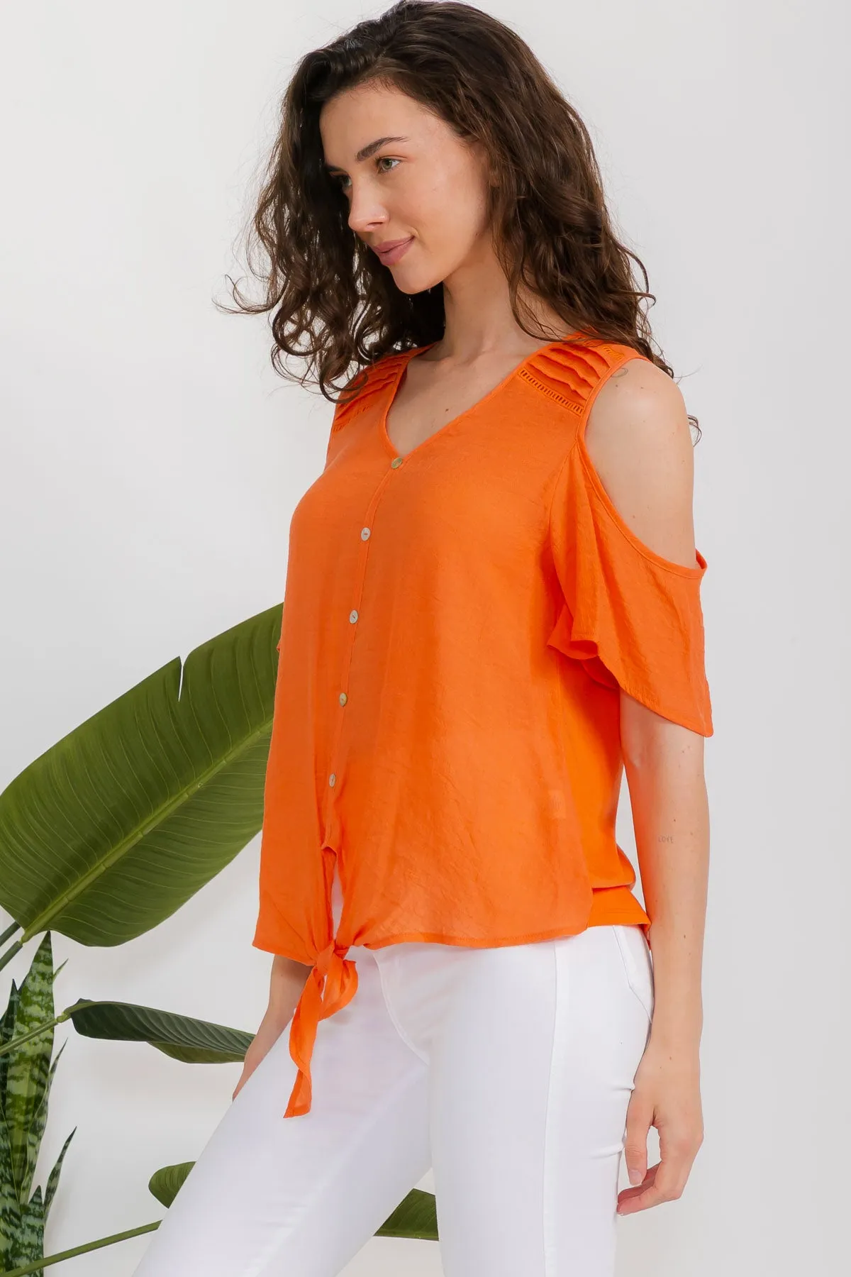 SHORT SLEEVE MIX MEDIA PAPAYA GAUZE BUTTON FRONT COLD SHOULDER