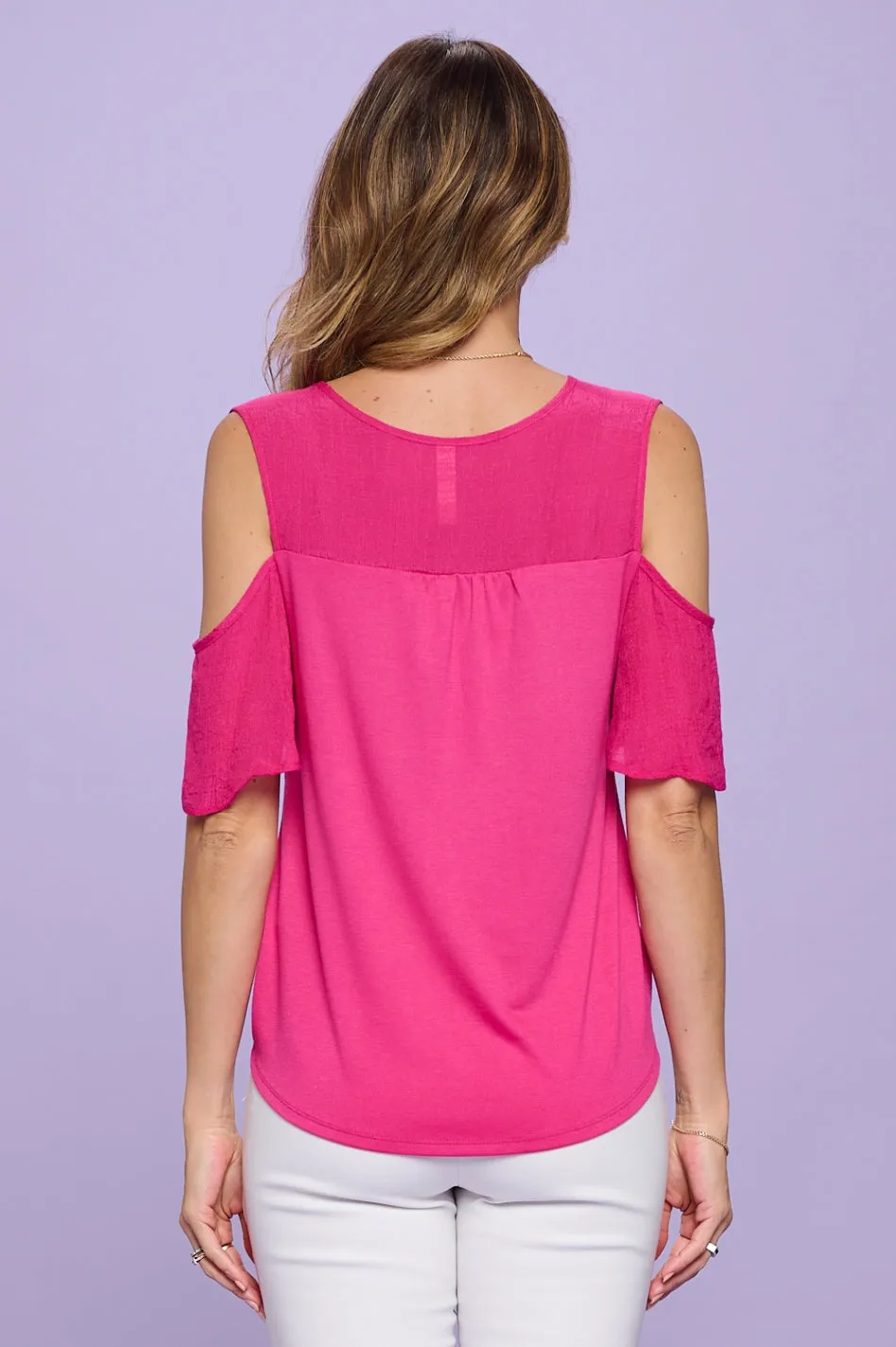 SHORT SLEEVE MIX MEDIA PAPAYA GAUZE BUTTON FRONT COLD SHOULDER