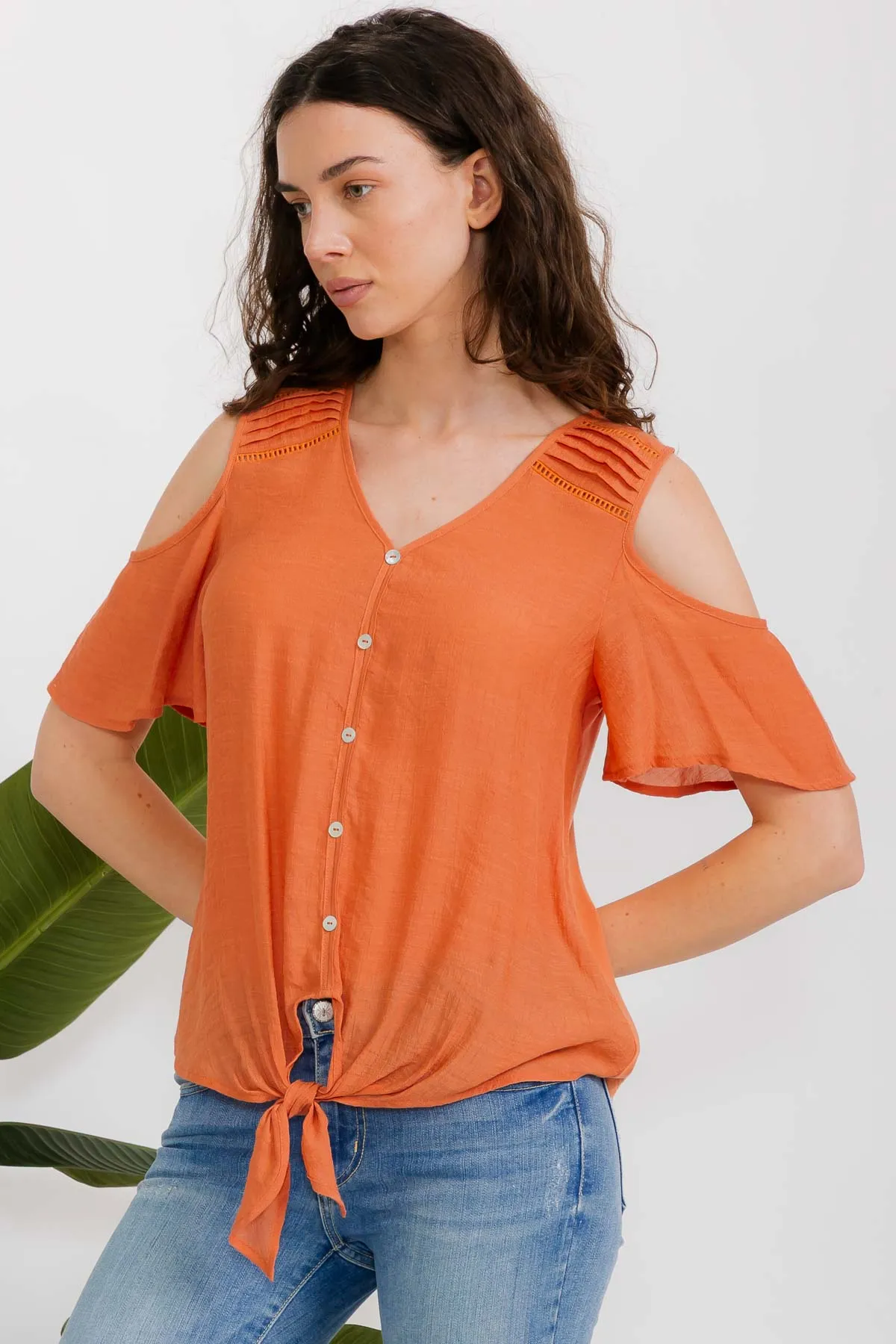 SHORT SLEEVE MIX MEDIA PAPAYA GAUZE BUTTON FRONT COLD SHOULDER