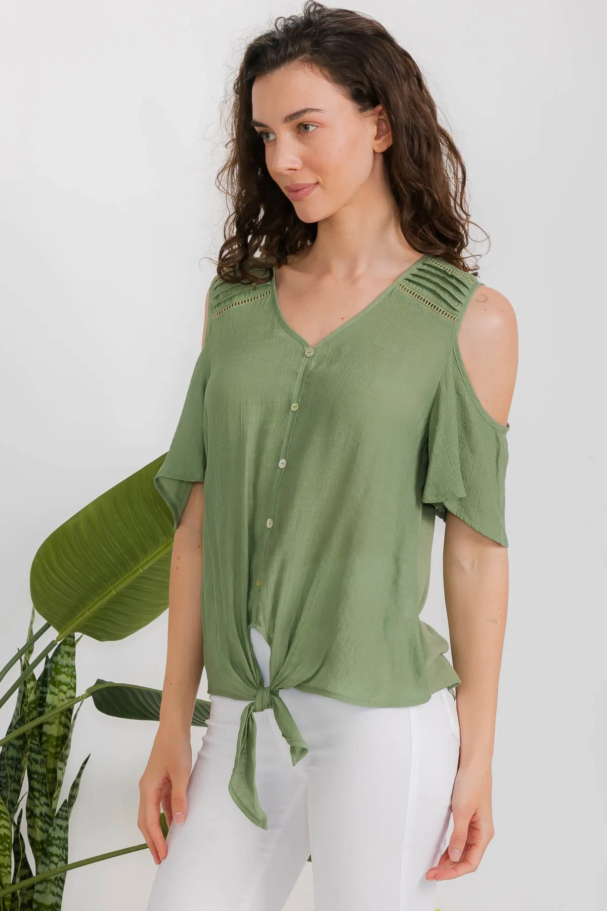SHORT SLEEVE MIX MEDIA PAPAYA GAUZE BUTTON FRONT COLD SHOULDER