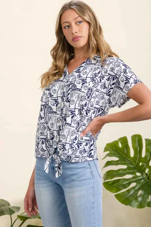 SHORT SLEEVE PRINTED VIENNA COLLAR TIE FRONT DOLMAN