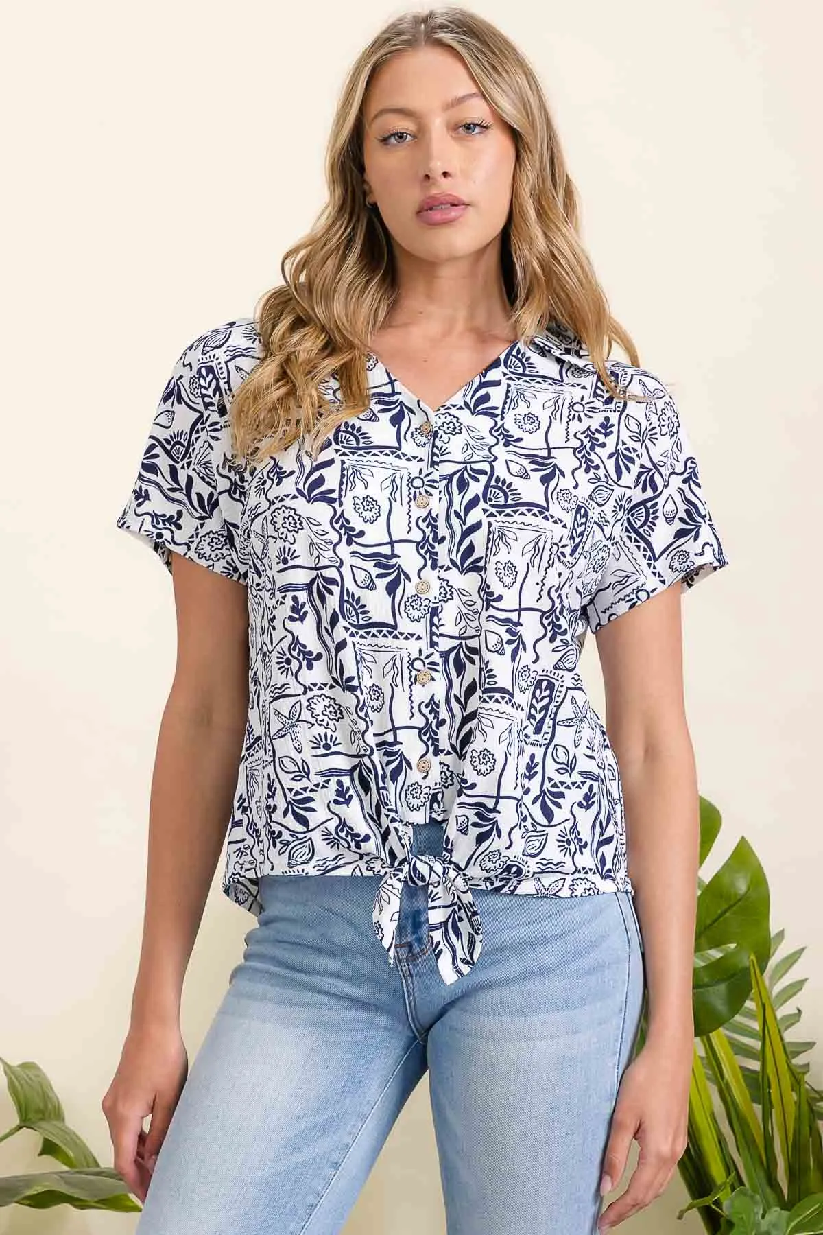 SHORT SLEEVE PRINTED VIENNA COLLAR TIE FRONT DOLMAN