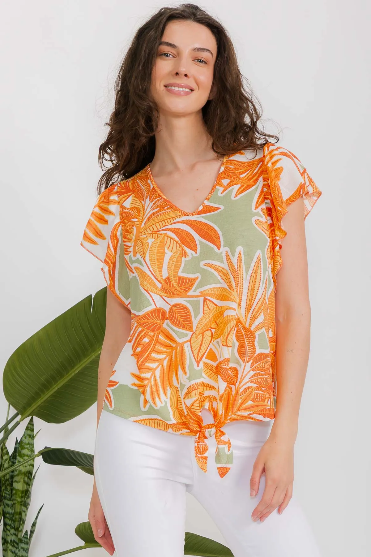 SHORT SLEEVE PRINTED VIENNA VNECK RUFFLE TIE FRONT