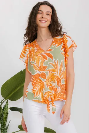 SHORT SLEEVE PRINTED VIENNA VNECK RUFFLE TIE FRONT