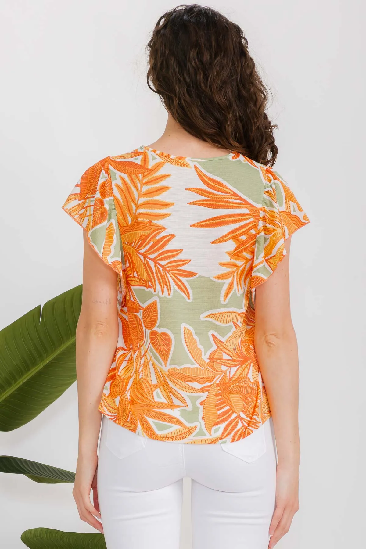 SHORT SLEEVE PRINTED VIENNA VNECK RUFFLE TIE FRONT