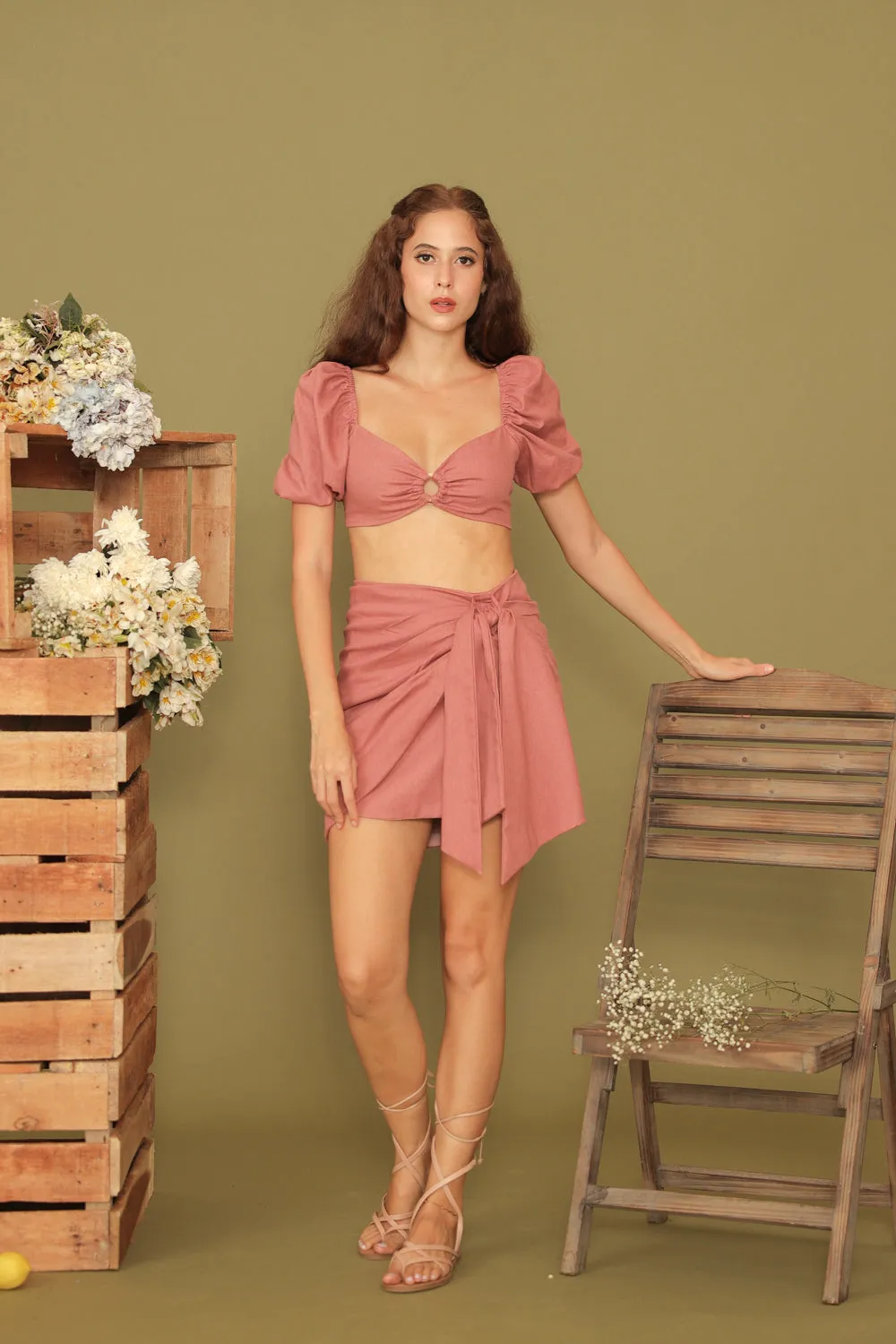 SIMONE SET Puffy Sleeve Crop Top with Wrap Design Skirt (Dark Old Rose Linen)