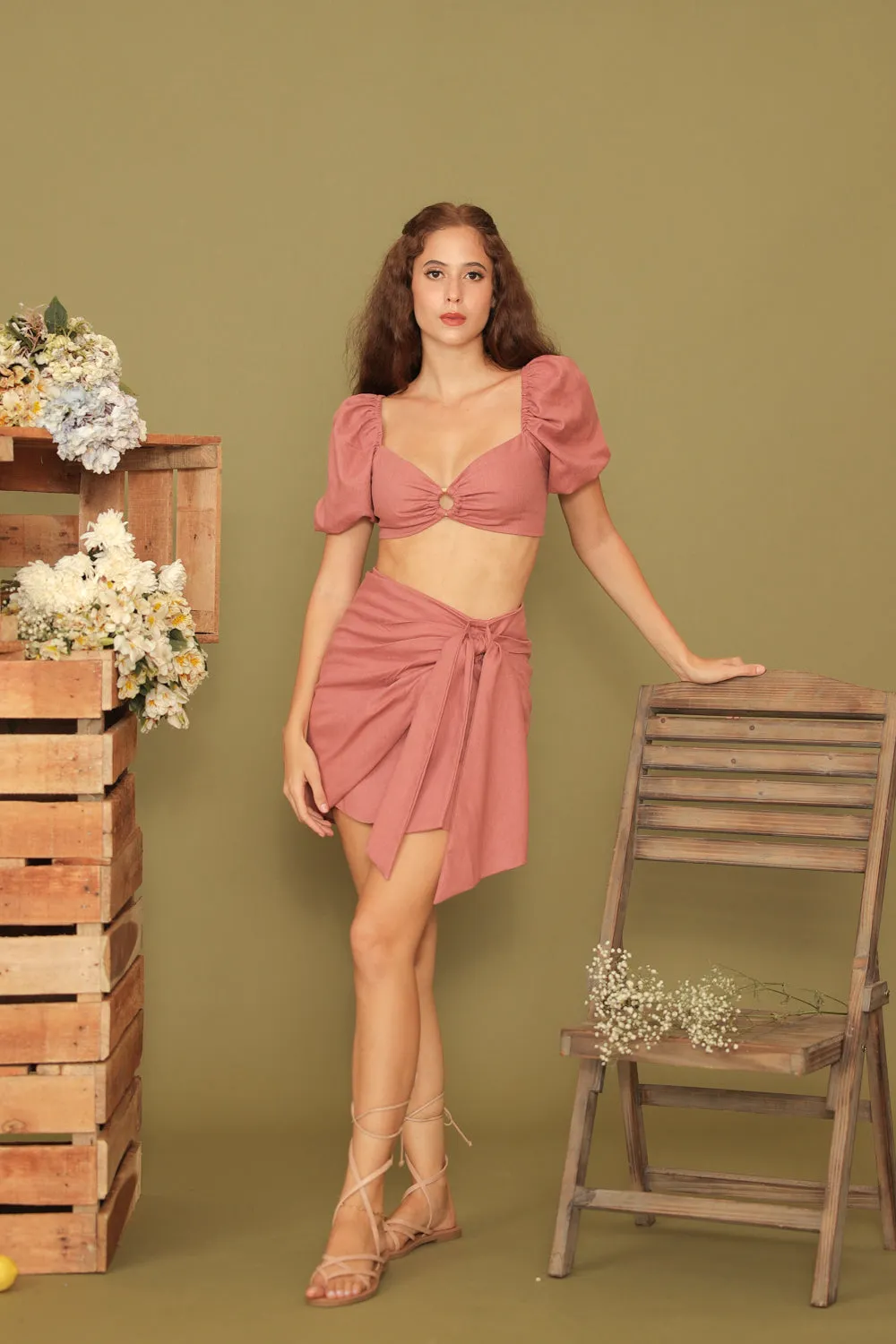 SIMONE SET Puffy Sleeve Crop Top with Wrap Design Skirt (Dark Old Rose Linen)