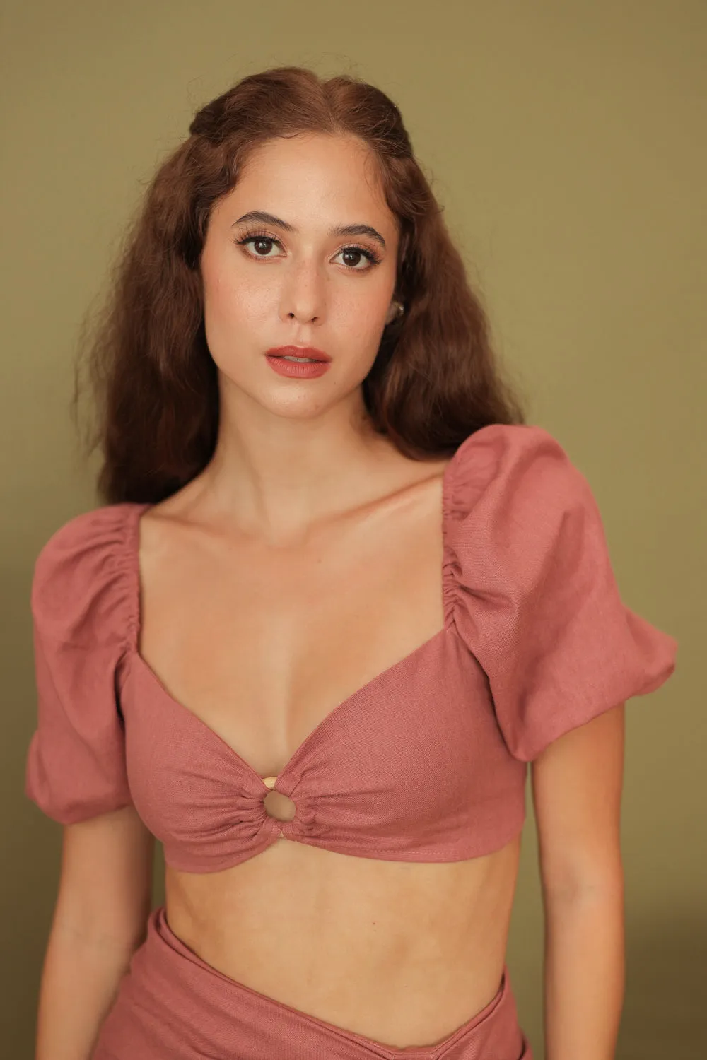 SIMONE SET Puffy Sleeve Crop Top with Wrap Design Skirt (Dark Old Rose Linen)