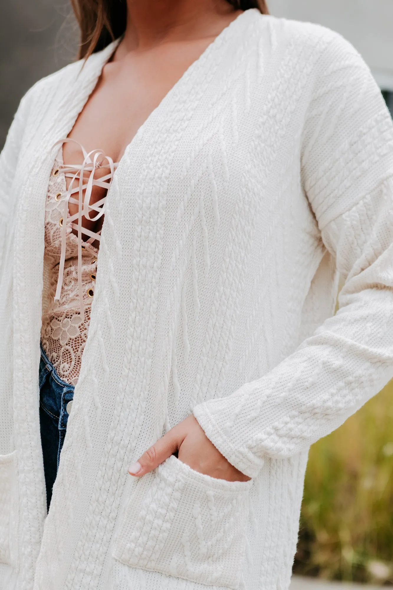 Simply Serene Open Front Textured Knit Cardigan (Ivory)