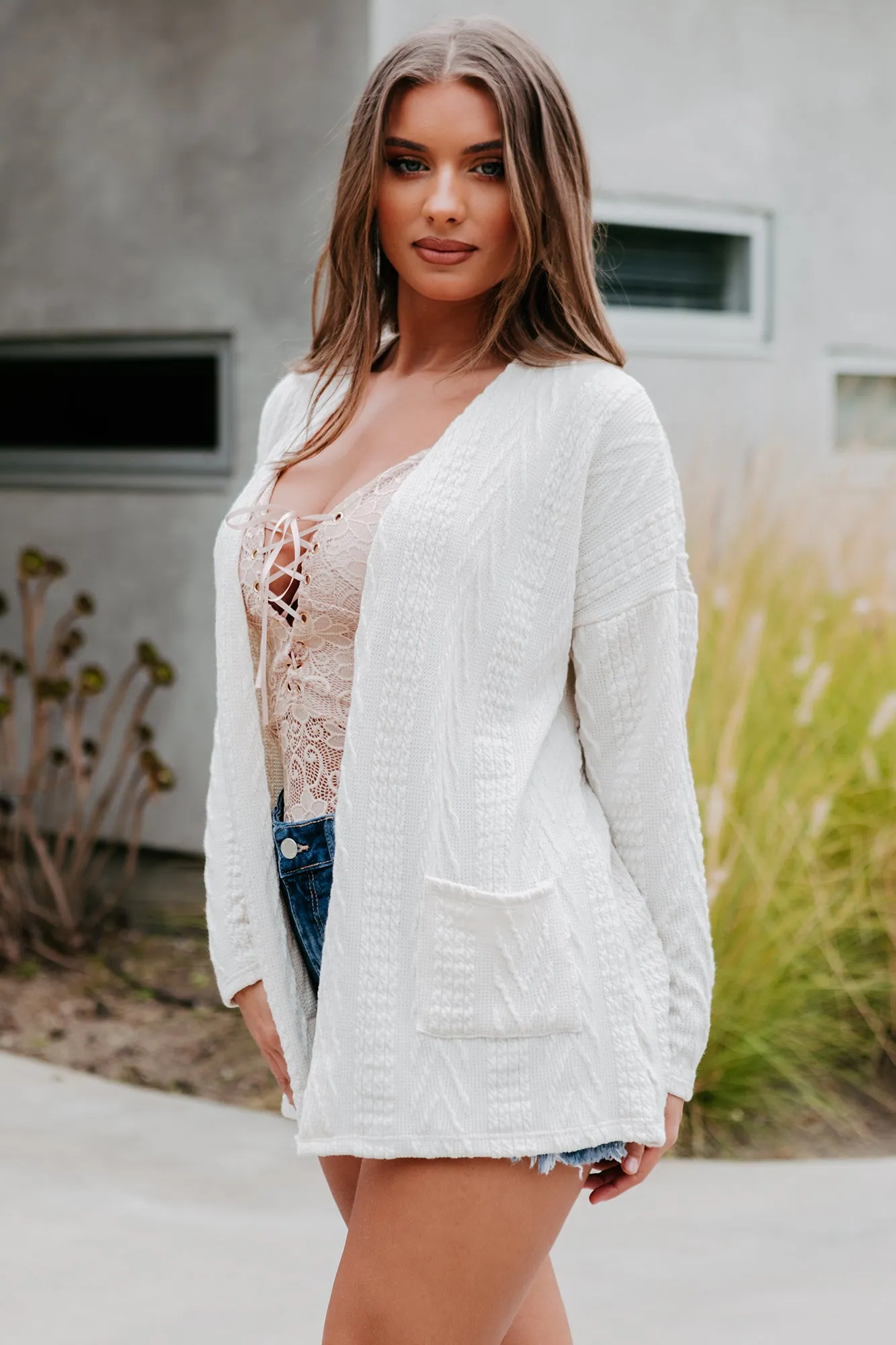 Simply Serene Open Front Textured Knit Cardigan (Ivory)