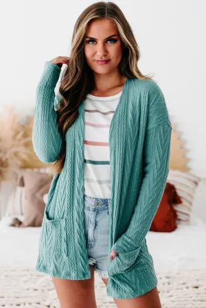 Simply Serene Open Front Textured Knit Cardigan (Light Teal)