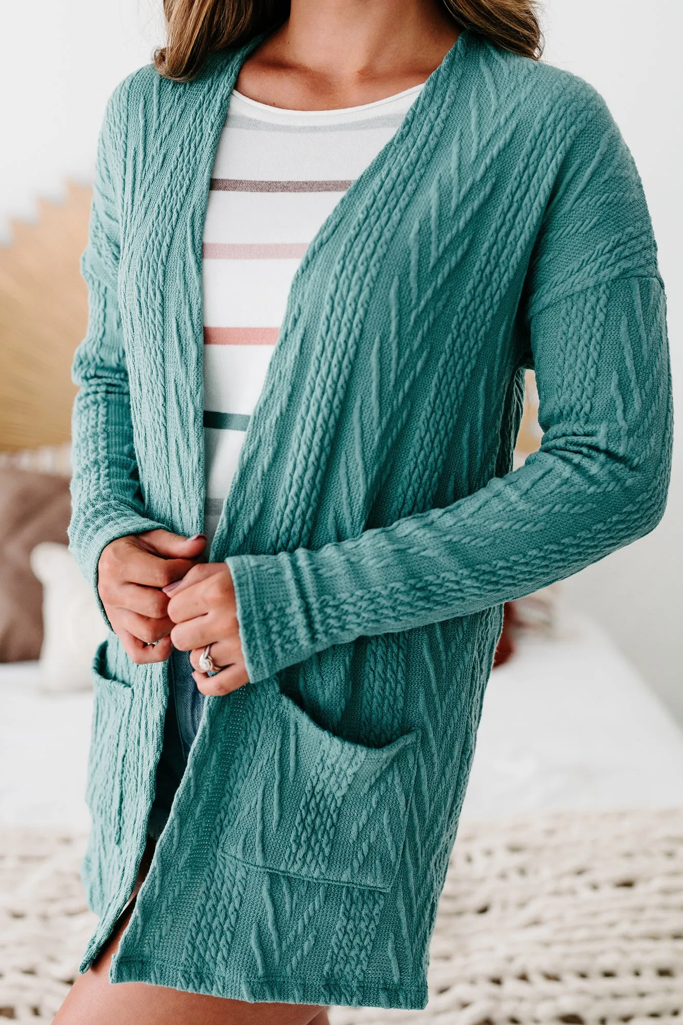 Simply Serene Open Front Textured Knit Cardigan (Light Teal)