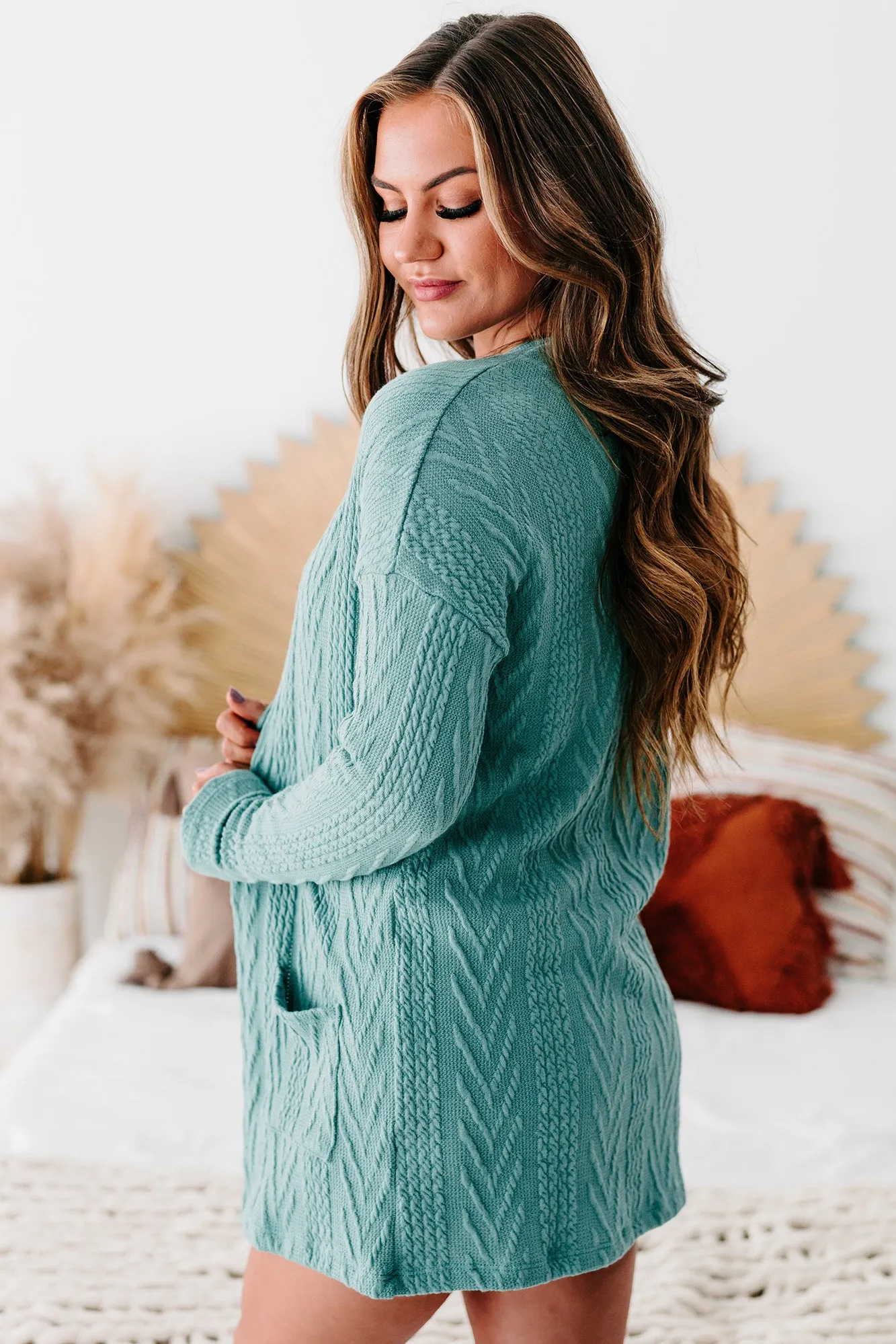 Simply Serene Open Front Textured Knit Cardigan (Light Teal)