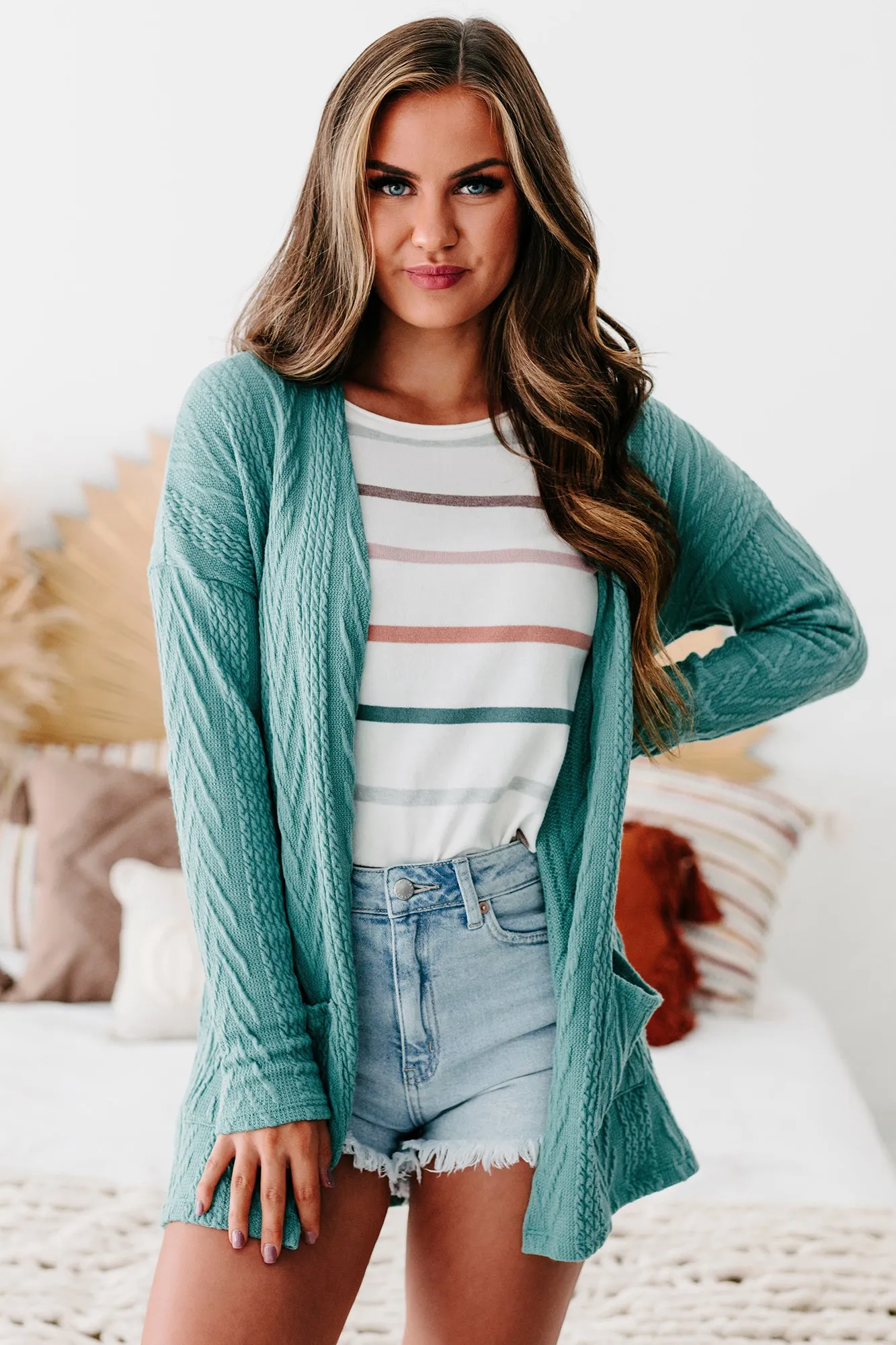 Simply Serene Open Front Textured Knit Cardigan (Light Teal)