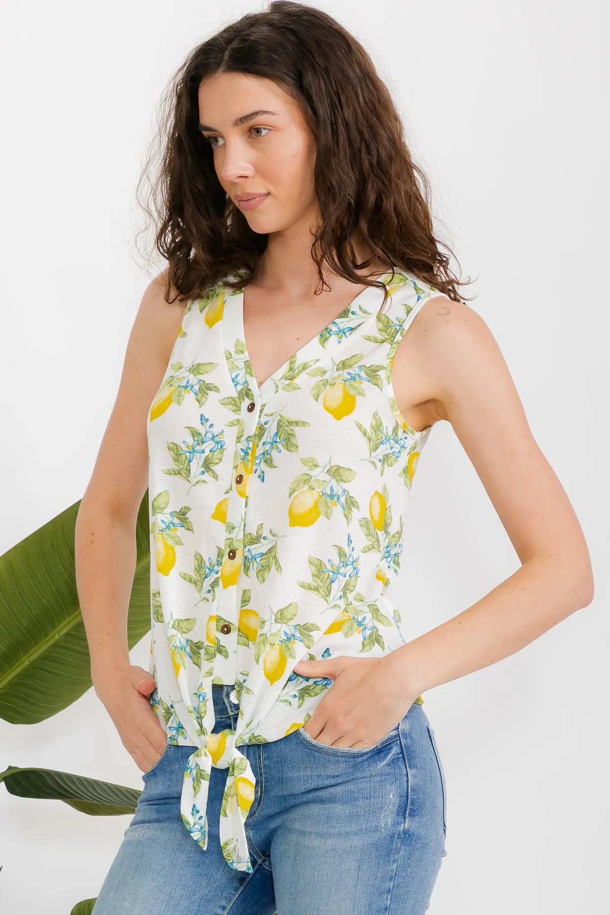 SLEEVELESS PRINTED VIENNA COCONUT BUTTON TIE FRONT SHIRT