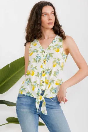 SLEEVELESS PRINTED VIENNA COCONUT BUTTON TIE FRONT SHIRT