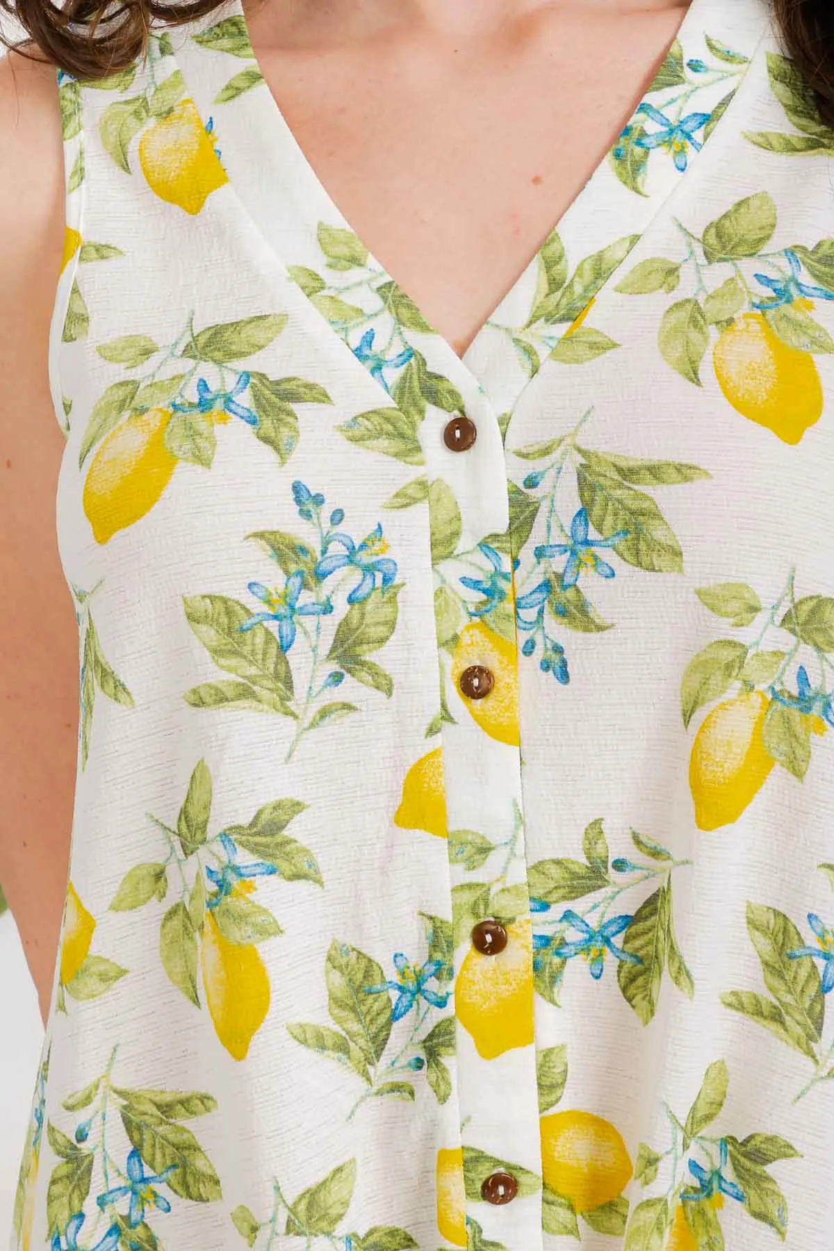 SLEEVELESS PRINTED VIENNA COCONUT BUTTON TIE FRONT SHIRT