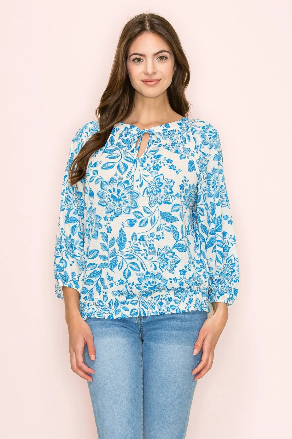SMOCKING HEM TIE NECK PEASANT BLOUSE