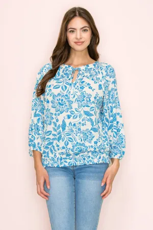 SMOCKING HEM TIE NECK PEASANT BLOUSE