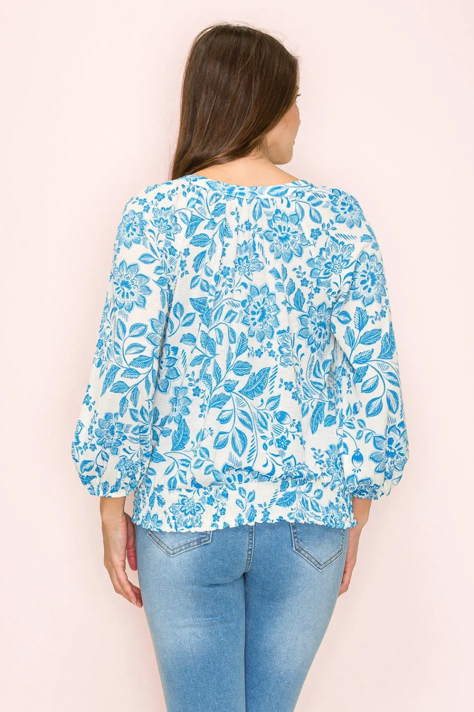 SMOCKING HEM TIE NECK PEASANT BLOUSE