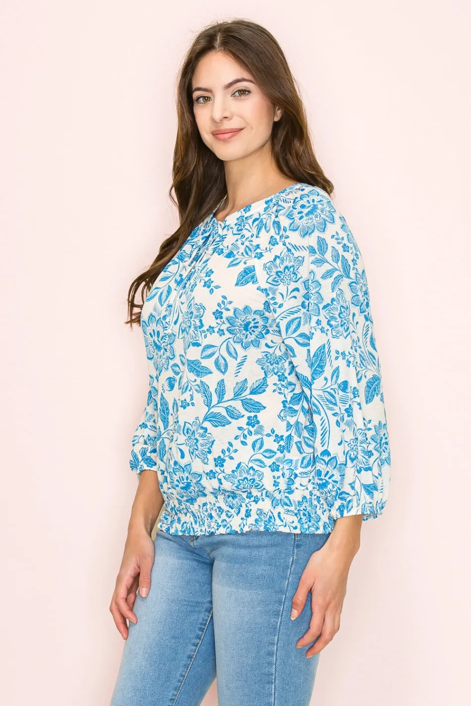 SMOCKING HEM TIE NECK PEASANT BLOUSE