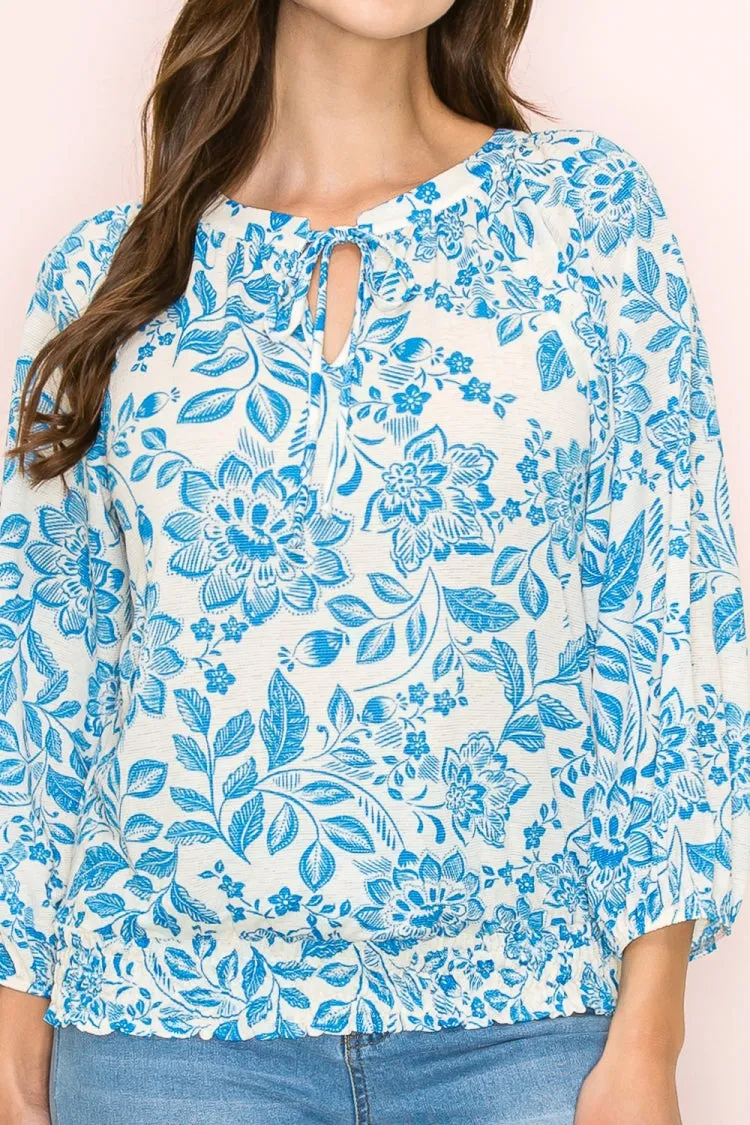 SMOCKING HEM TIE NECK PEASANT BLOUSE