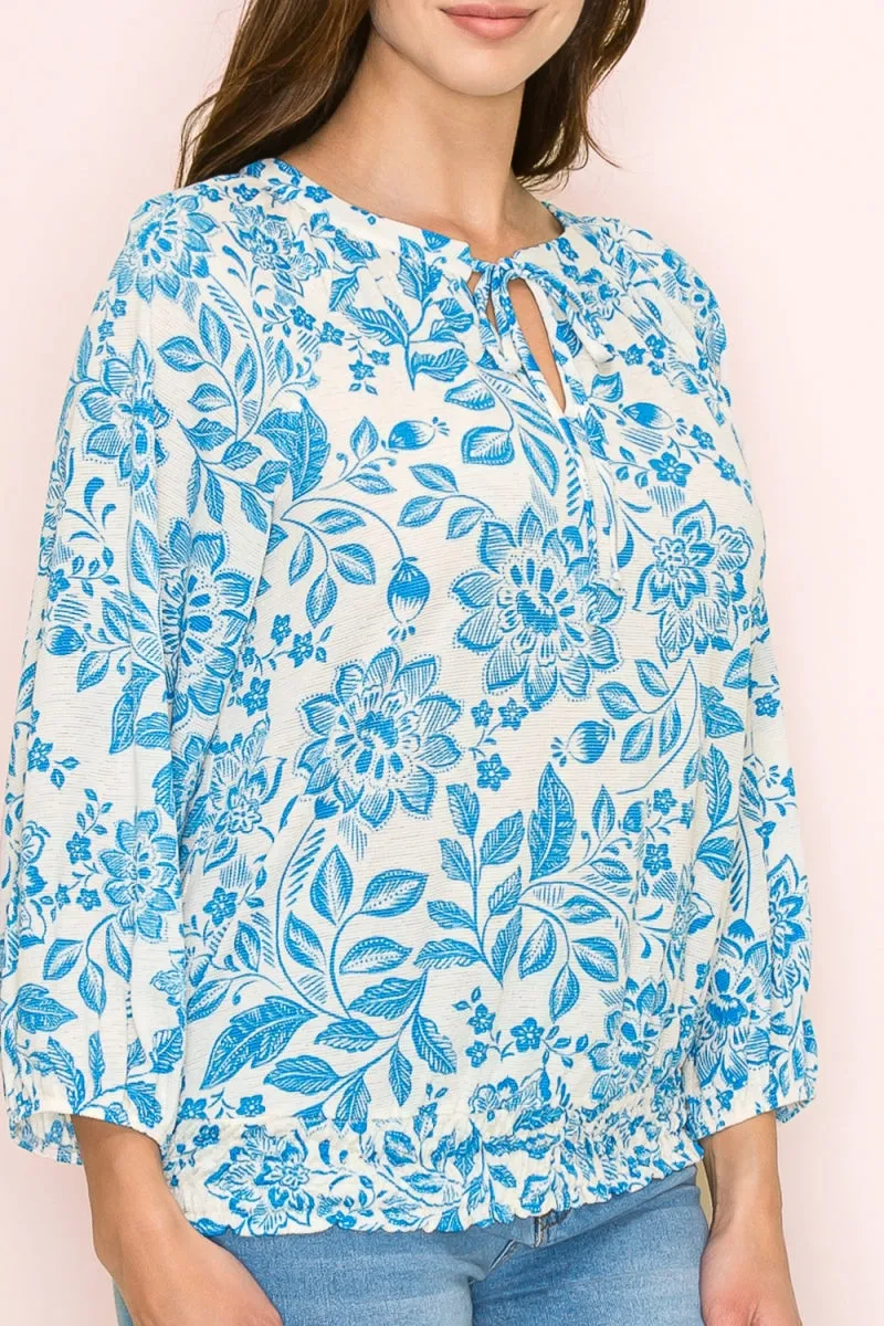 SMOCKING HEM TIE NECK PEASANT BLOUSE