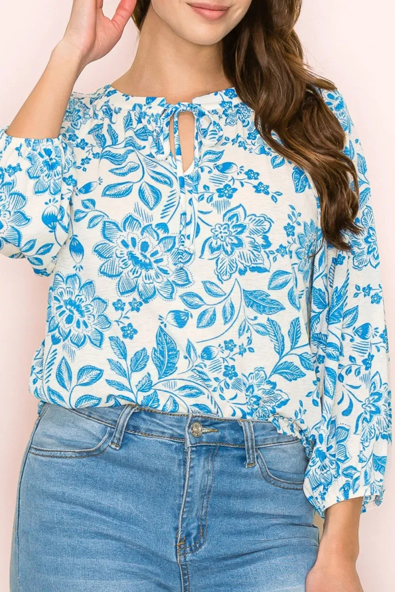 SMOCKING HEM TIE NECK PEASANT BLOUSE